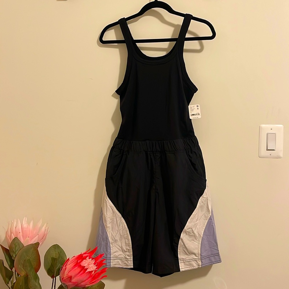 FP Movement by Free People Black Romper with White and Lavender Panels